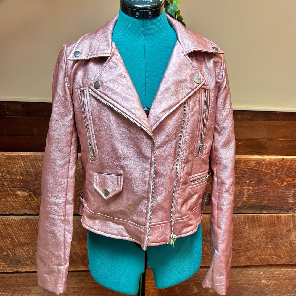 Metallic Pink Moto Vegan Leather Biker Jacket w/ 80’s Barbie Pastel Punk Vibes